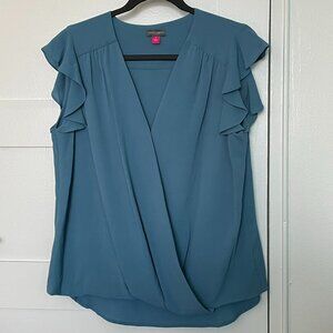 Vince Camuto Blue Surplice Wrap-Front Ruffle Sleeve Blouse Top Size S